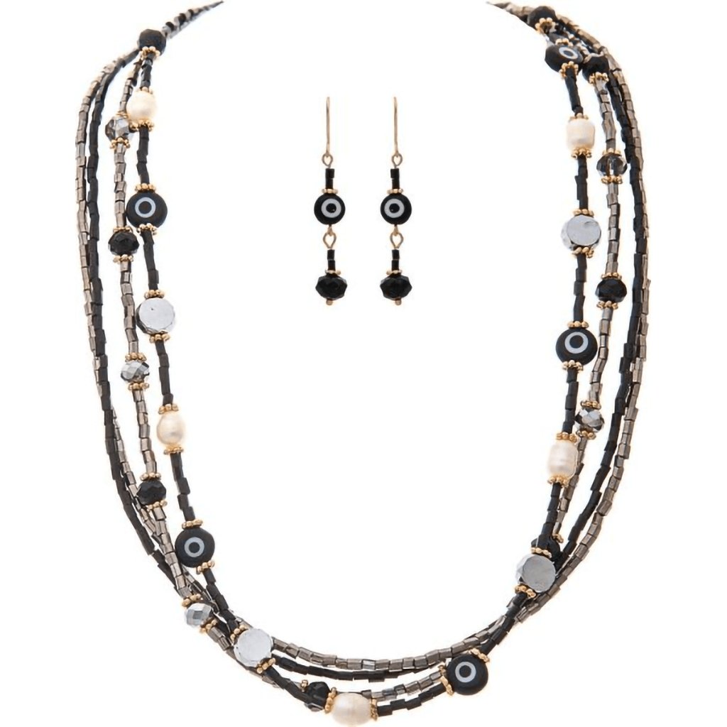 Rain  Gold Black Freshwater Peral Evil Eye Bead Necklace Set