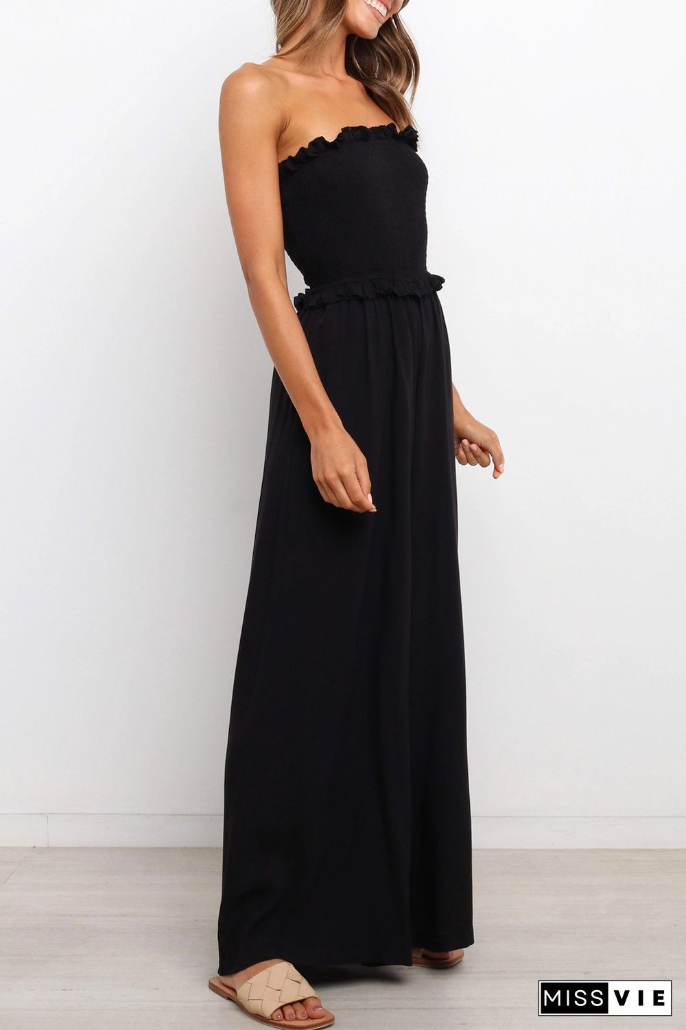 Black Smocked Bandeau Wide Leg Jumpsuit