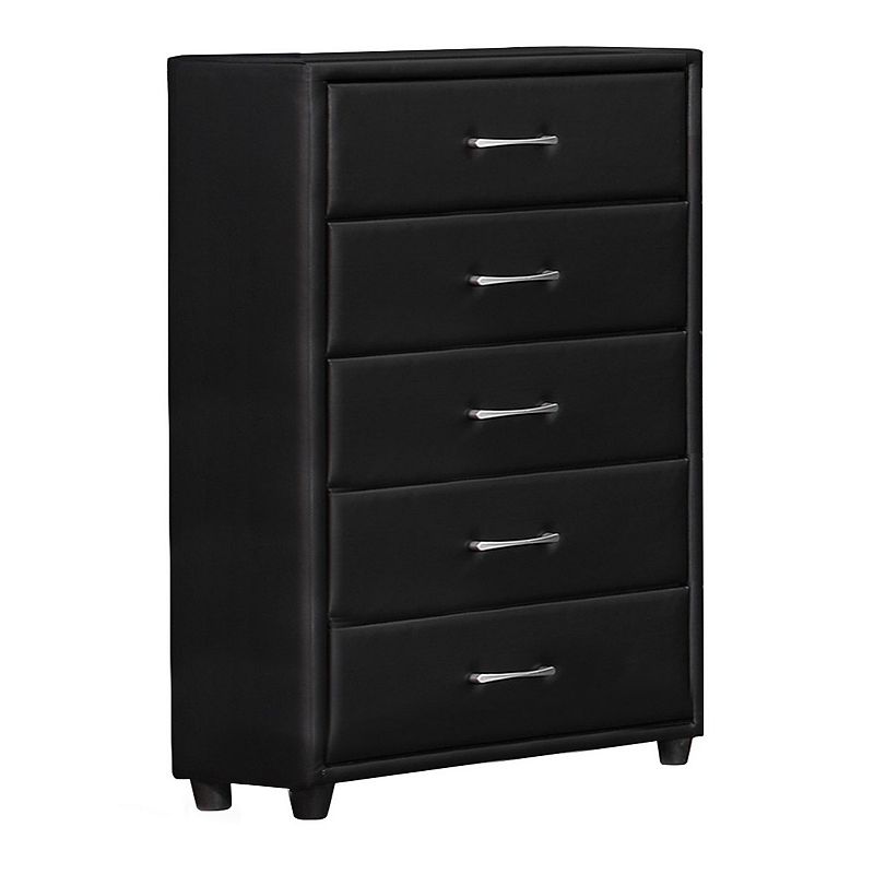 5 Drawer Leatherette Wooden Frame Chest with Tapered legs， Black