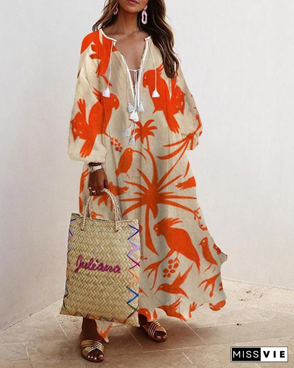 Plus Size Dress Balloon Sleeves Boho Printed Maxi Dresses