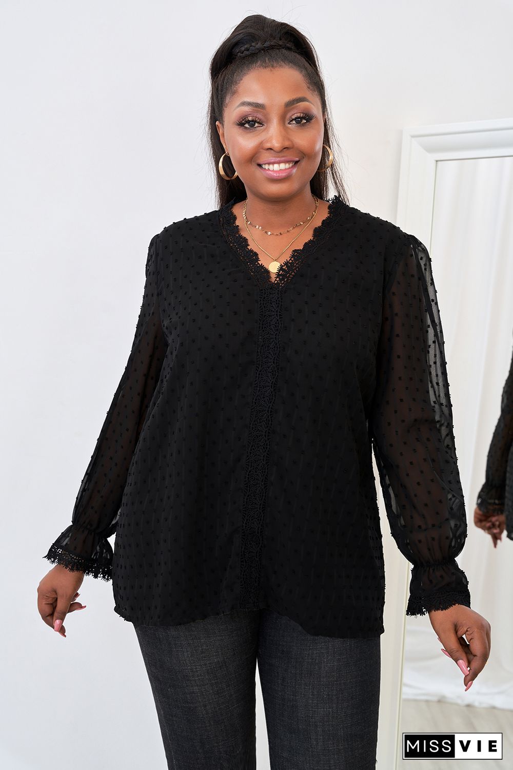 Black Swiss Dot Lace Splicing Plus Size Blouse