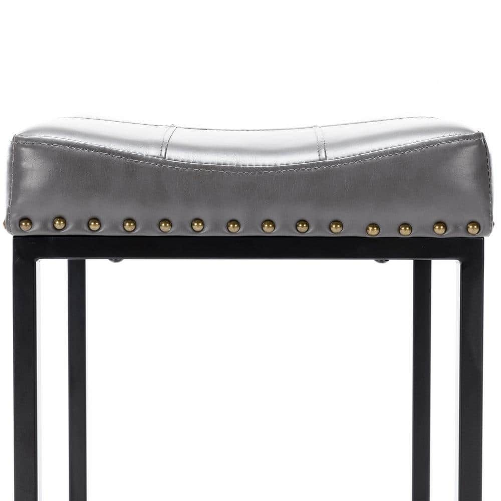 LUE BONA 24 in. Gray Cusioned Backless Saddle Faux Leather Bar Stools with Metal Frame(Set of 2) LB22CH0003-500