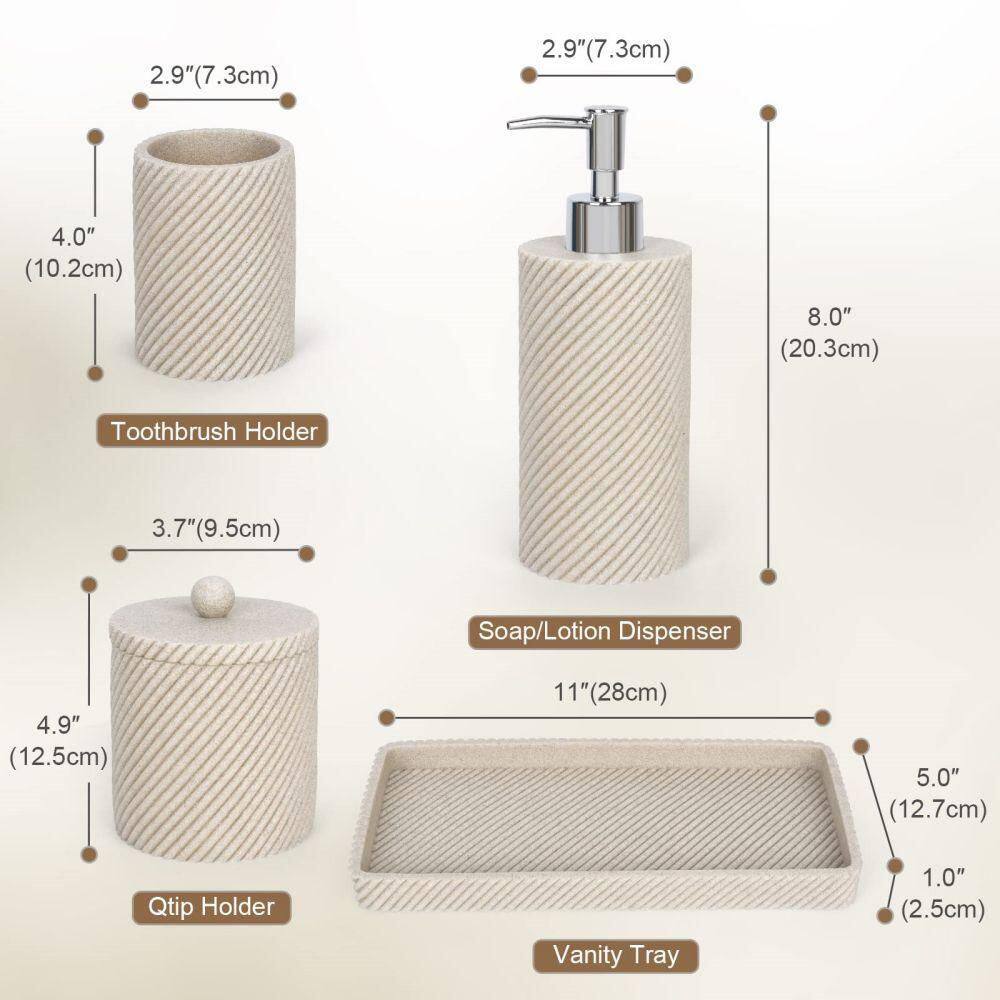 Dracelo 4-Piece Bathroom Accessory Set with Toothbrush Holder Vanity Tray Soap Dispenser Qtip Holder in Beige B0B2VB82CN