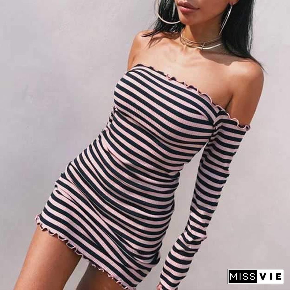 Stripe Ruffles Off Shoulder Bodycon Long Sleeve Tight Dress