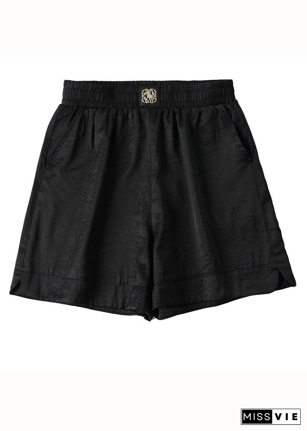 Simple Black Pockets Elastic Waist Patchwork Cotton Shorts Summer