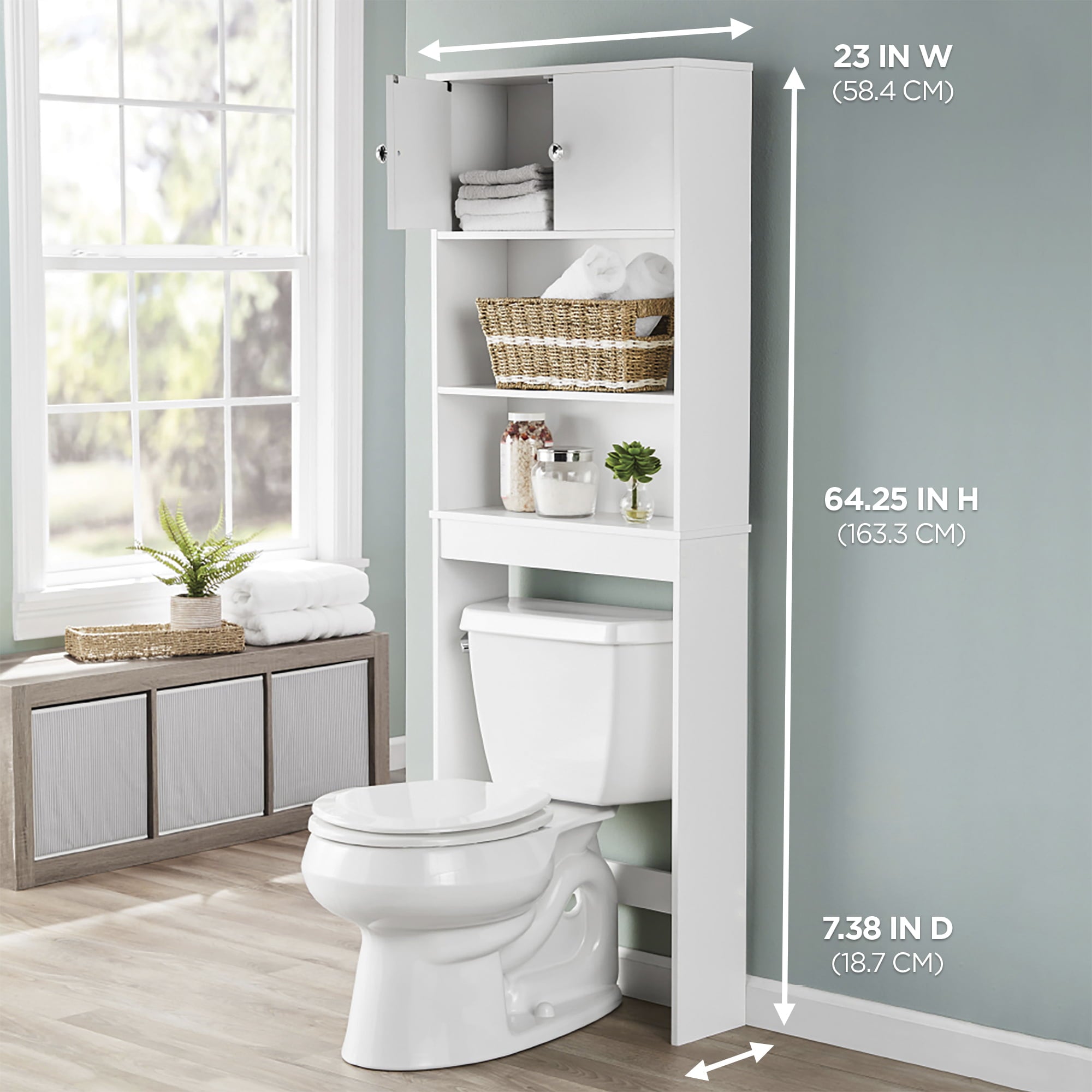 White 23 in. W Bathroom Space Saver Cabinet with 3 Fixed Shelves, Mainstays over the Toilet Storage