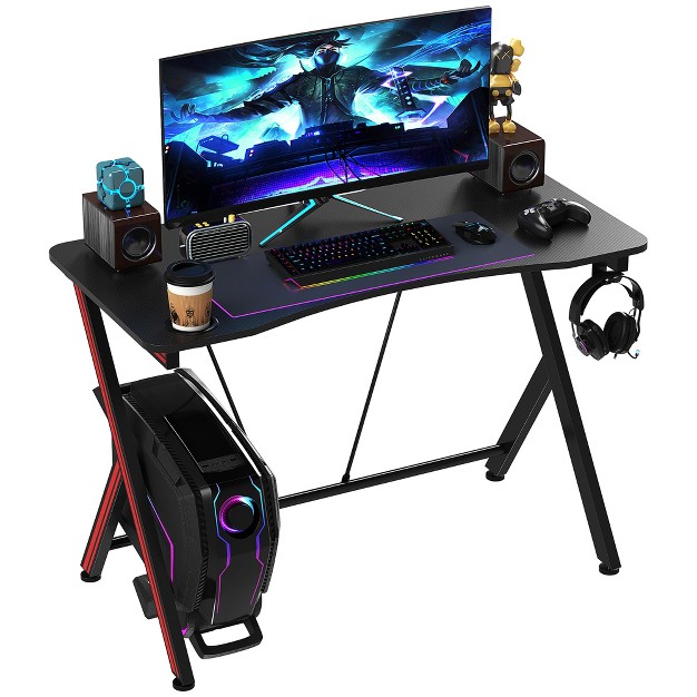 Homcom Gaming Computer Desk Home Office Gamer Table Workstation With Cup Holder Headphone Hook Cable Management Carbon Fiber Surface