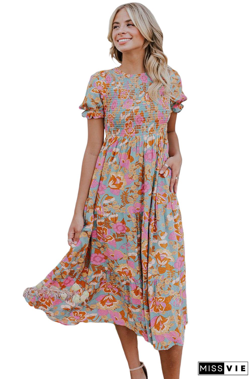 Floral Bubble Sleeve Smocked Flowy Ruffle Dress