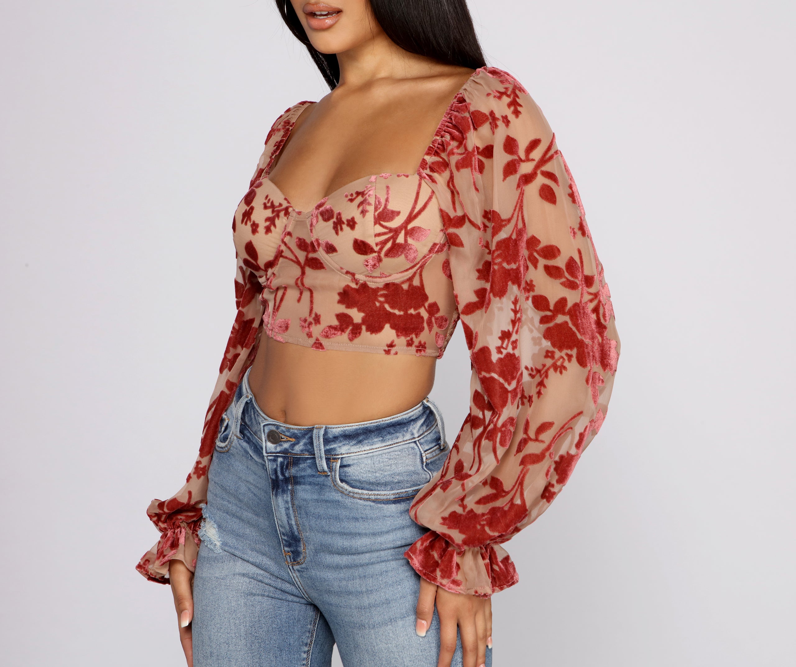 Romantic Vibes Floral Burn Out Crop Top