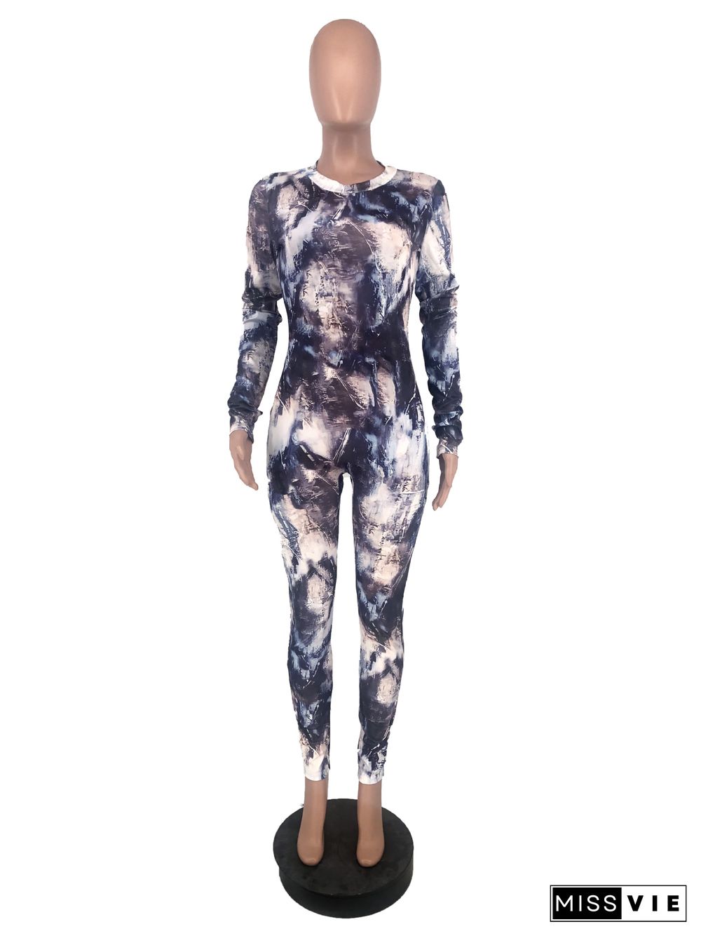 Tie Dye Long Sleeve O Neck Bodycon Jumpsuit