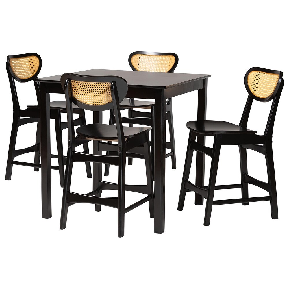 Hesper Mid Century Modern Wood and Rattan 5 Piece Pub Set