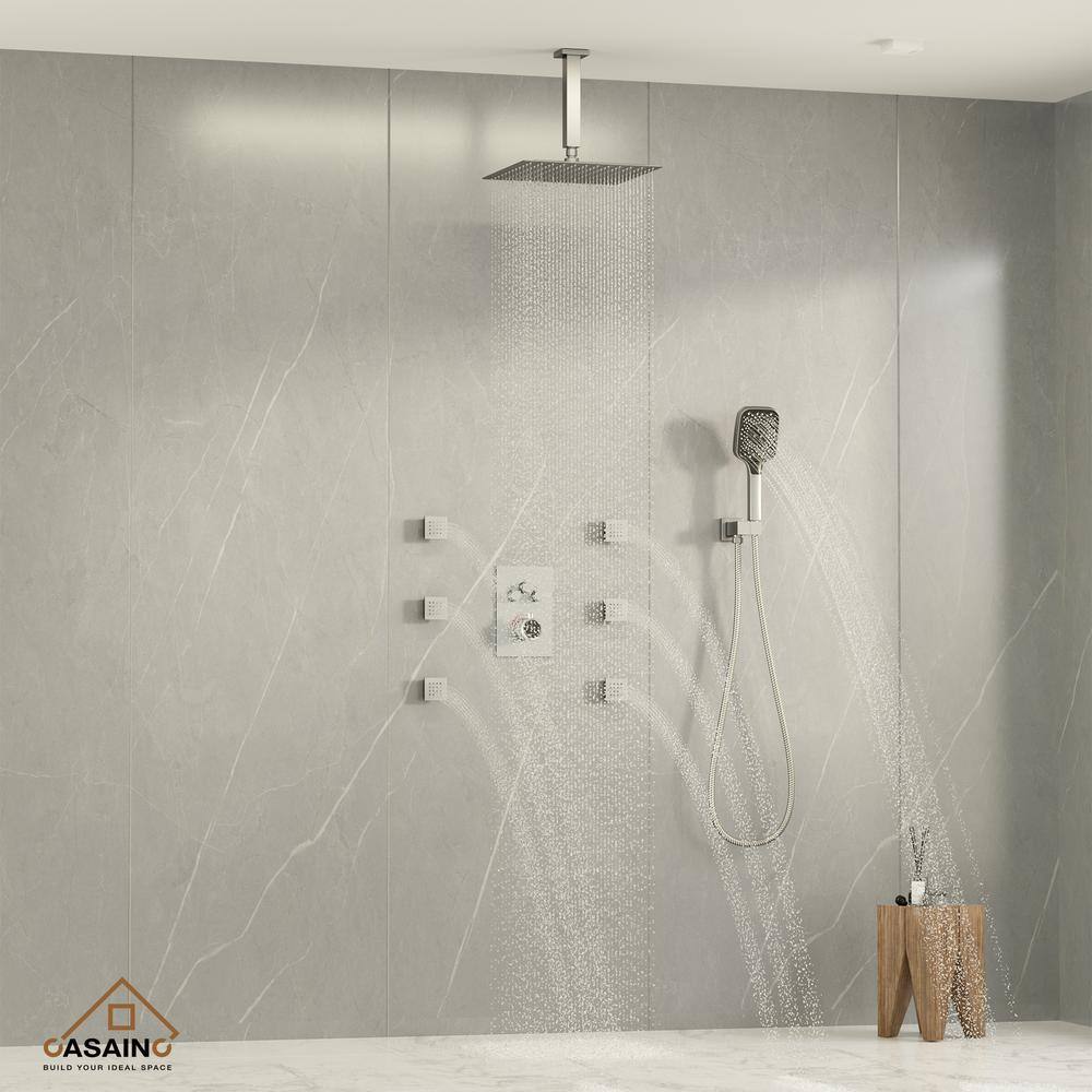 CASAINC 6-Spray 12 in. Thermostatic Dual Shower Heads Ceiling Mount Fixed and Handheld Shower Head 2.5 GPM in Brushed Nickel CS6221-12BN