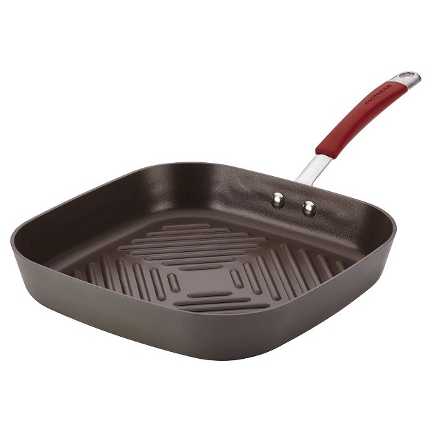 Hard anodized Nonstick Deep Square Grill Pan Gray With Cranberry Red Handle