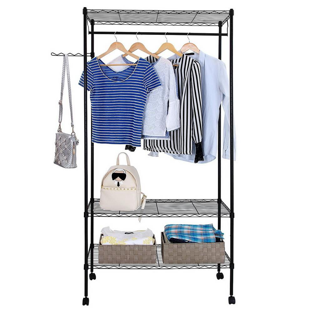 Ktaxon Heavy Duty Rolling Garment Rack Portable Hanging Rod Clothing Rack with Adjustable Shelves & Wheels, 3-Tier Closet Wardrobe Storage Organizer Unit Black