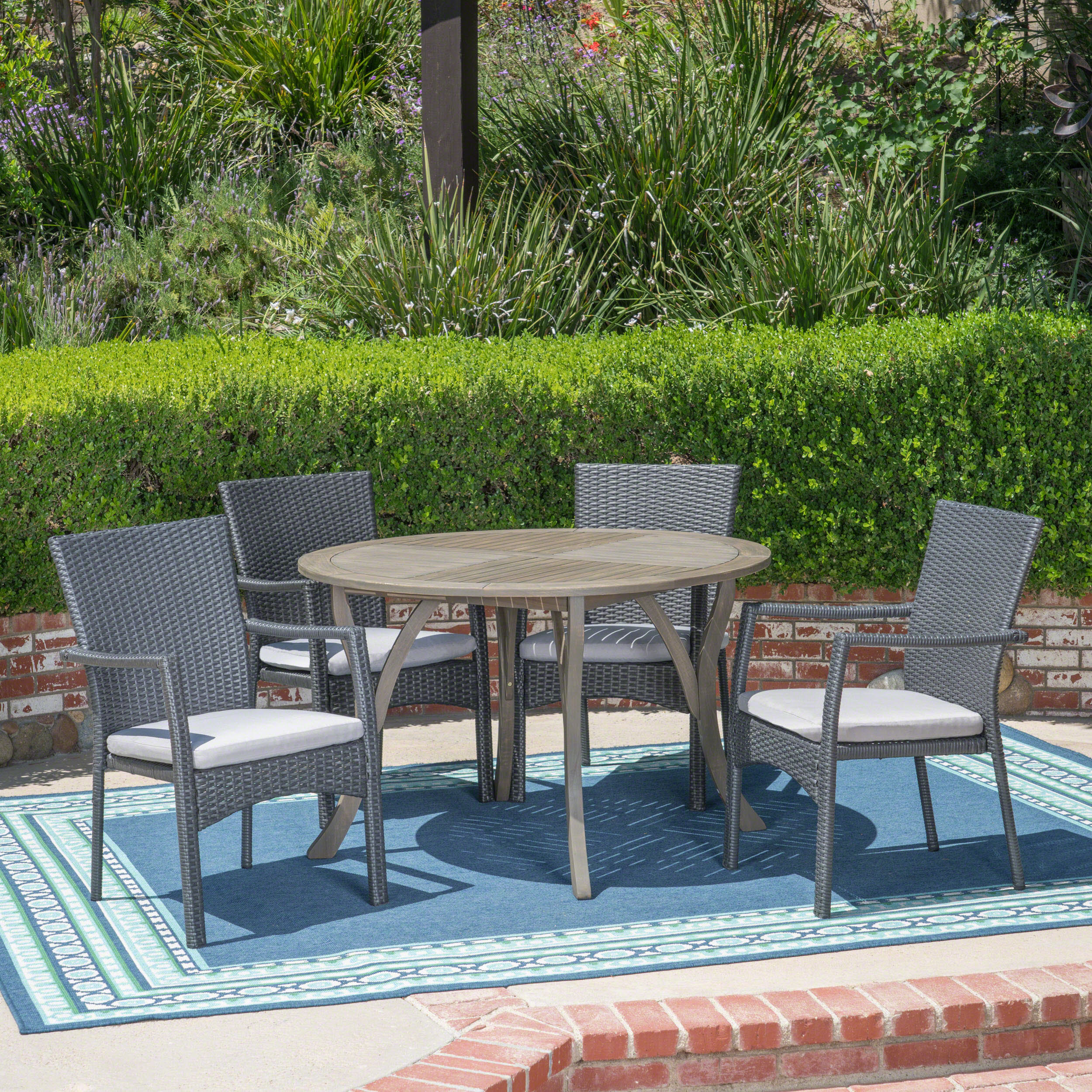 Baldry Outdoor 5 Piece Acacia Wood and Wicker Dining Set