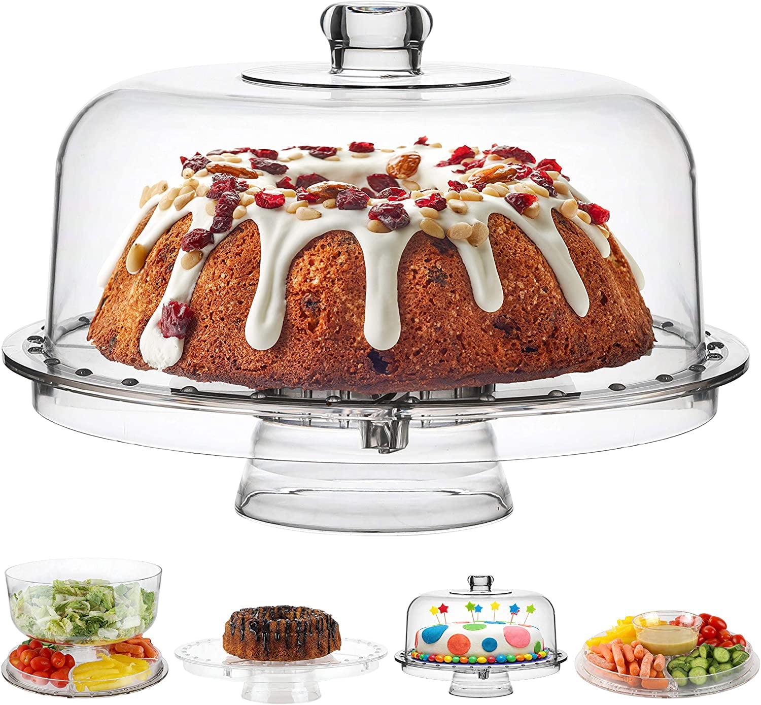 Homeries Cake Stand with Dome Cover (6 in 1) Multi-Functional Serving Platter and Cake Plate - Use as Cake Holder， Salad Bowl， Platter， Punch Bowl， Desert Platter， Nachos and Salsa Plate， (Acrylic)