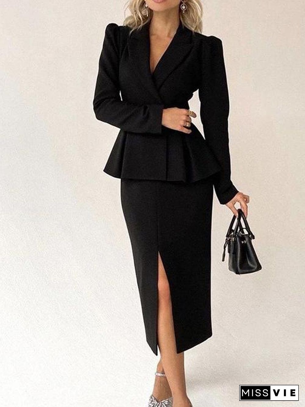 Women's Sets Long Sleeve Jacket & Split Skirt Two-Piece Suit