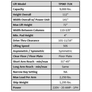 TUXEDO Symmetric 2 Post Car Lift 9000 lbs. Capacity Heavy Duty in Black TP9KF-TUX