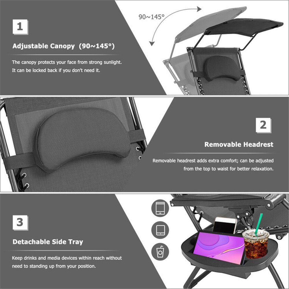 Single Folding Shade Canopy Cup Holder Recliner Lounge Chair