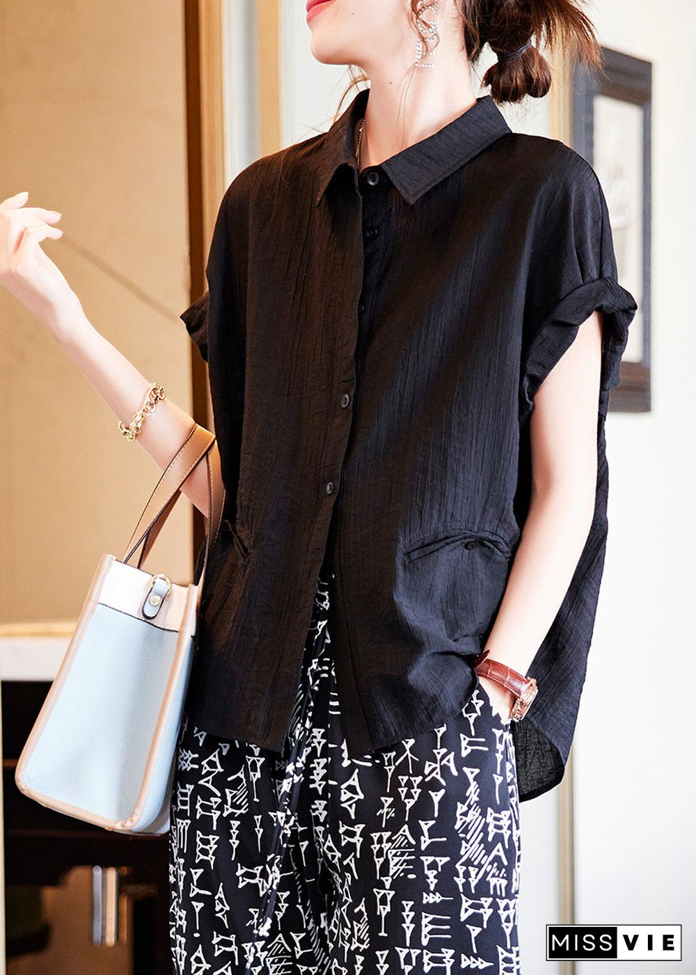 Black Low High Design Button Solid Silk Shirt Summer