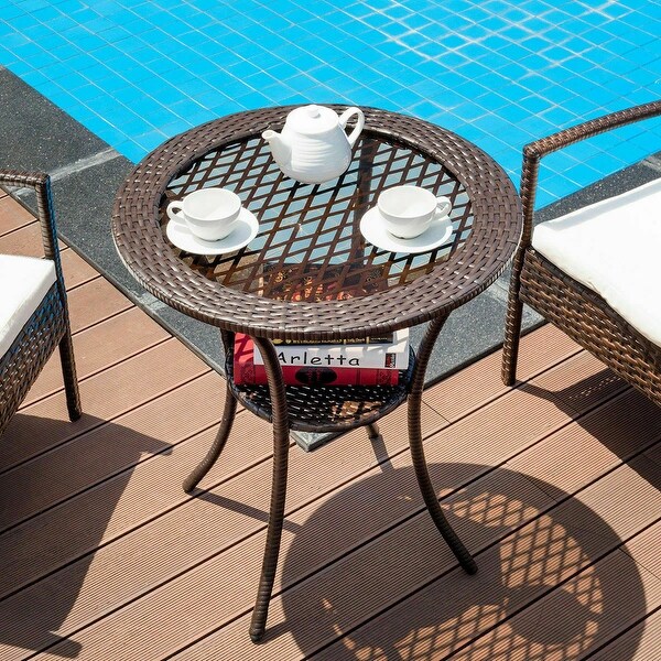 Gymax Round Rattan Wicker Coffee Table Glass Top Steel Frame Patio