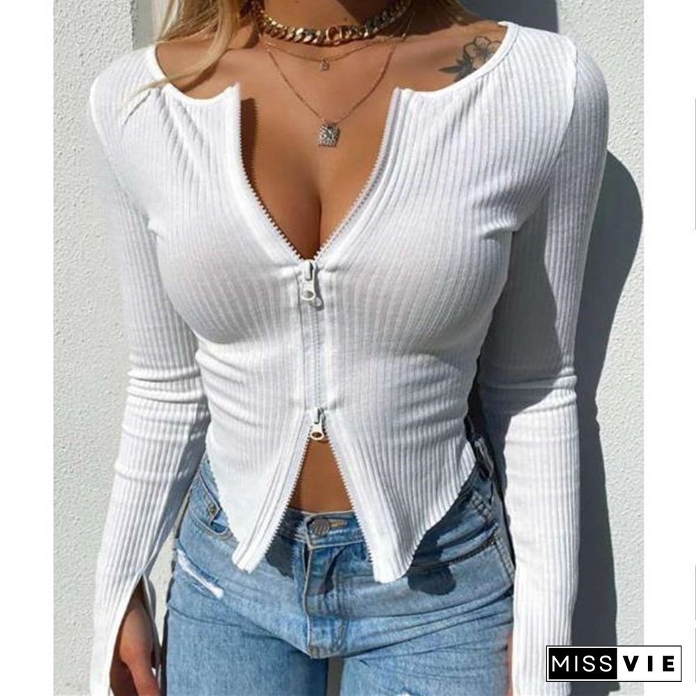 Women T-Shirt Spring Autumn Clothes Ribbed Knitted Long Sleeve Crop Tops Zipper Design Tee Sexy Female Slim Black White Tops