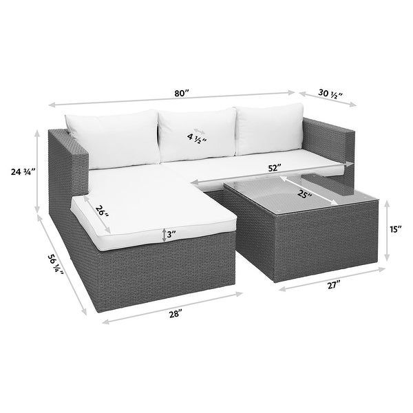 3 Piece Wicker Sectional Conversation Set with Cushions - Grey