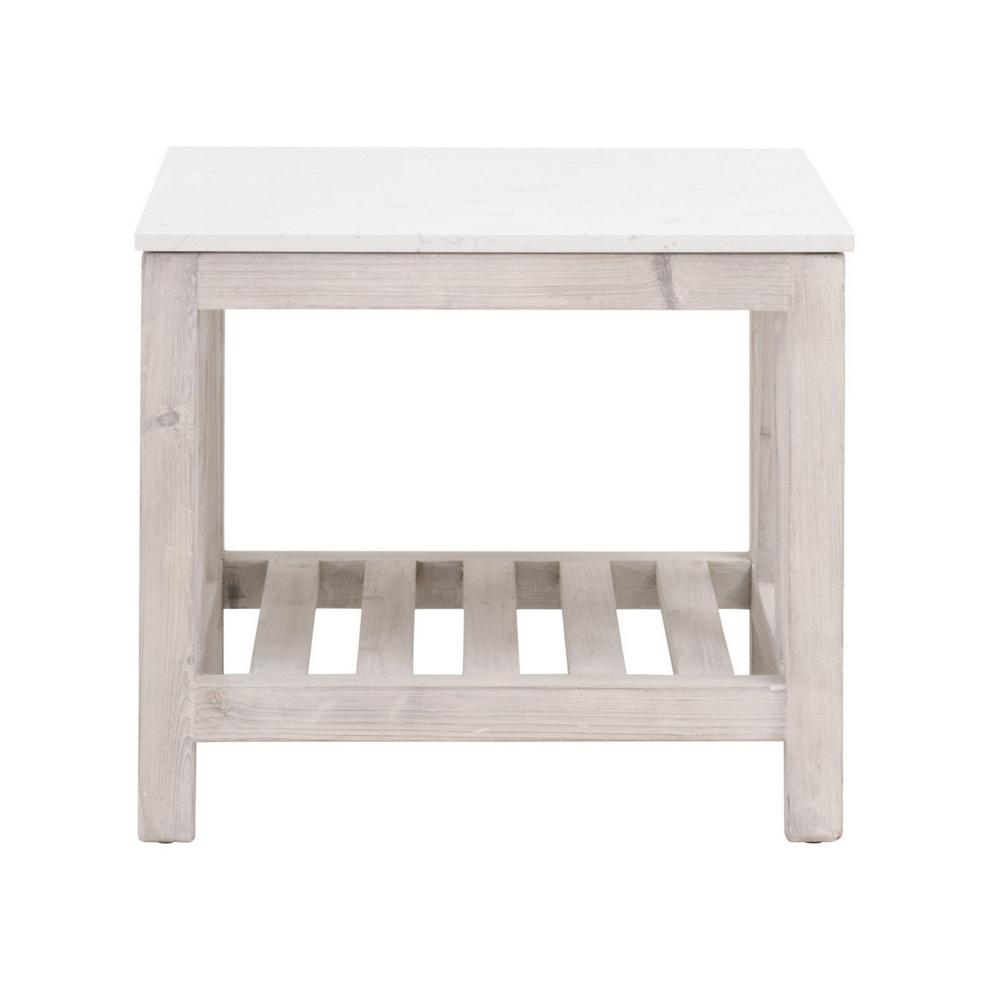 End Table with Solid Quartz Top and 1 Slatted Shelf， Washed White