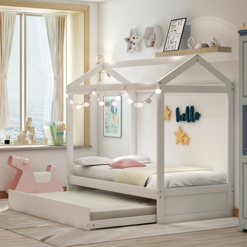 House Bed with Trundle  Can be Decorated  White Wf...