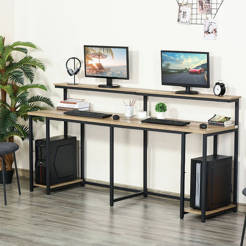 HOMCOM Two Person Home Office Desk with Elevated Monitor Shelf Bottom CPU Tower Shelf and Large Desktop Black/Brown