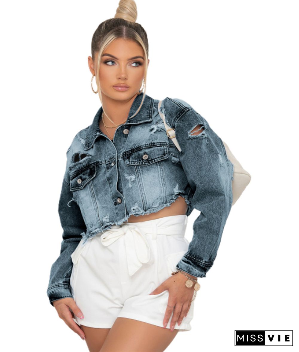 Frayed Ripped Hole Denim Bombers Jacket