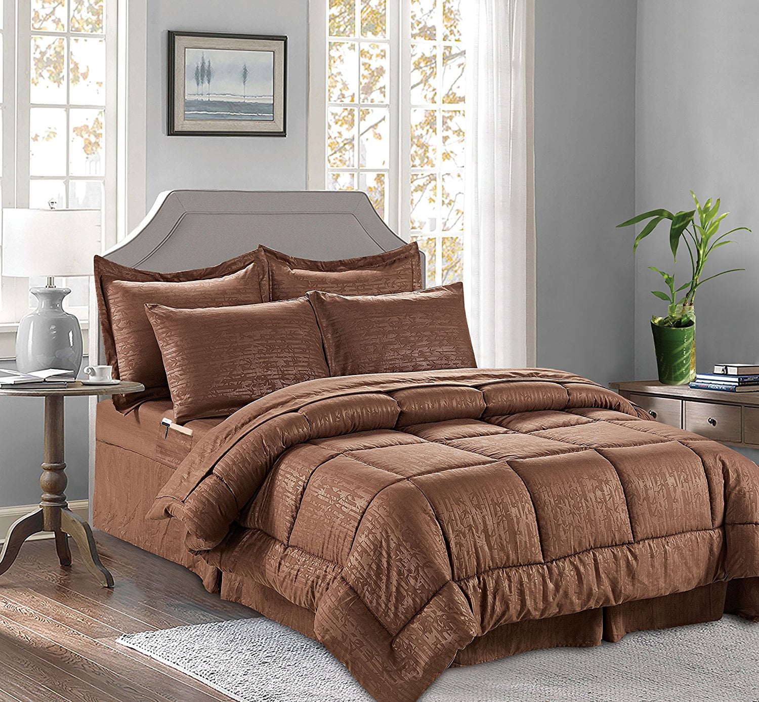 Elegant Comfort 8 Pieces Bed in a Bag Bamboo Pattern Comforter Set King Chocolate