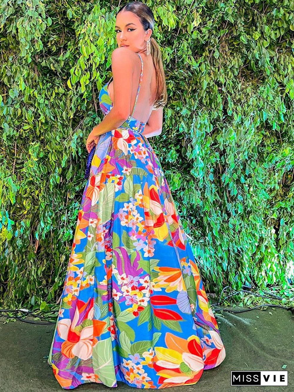 Printed Off-the-shoulder Sling Long Skirt