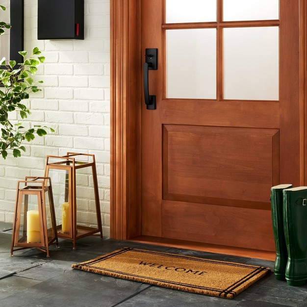 Border Stripe Welcome Coir Doormat Tan black With Magnolia