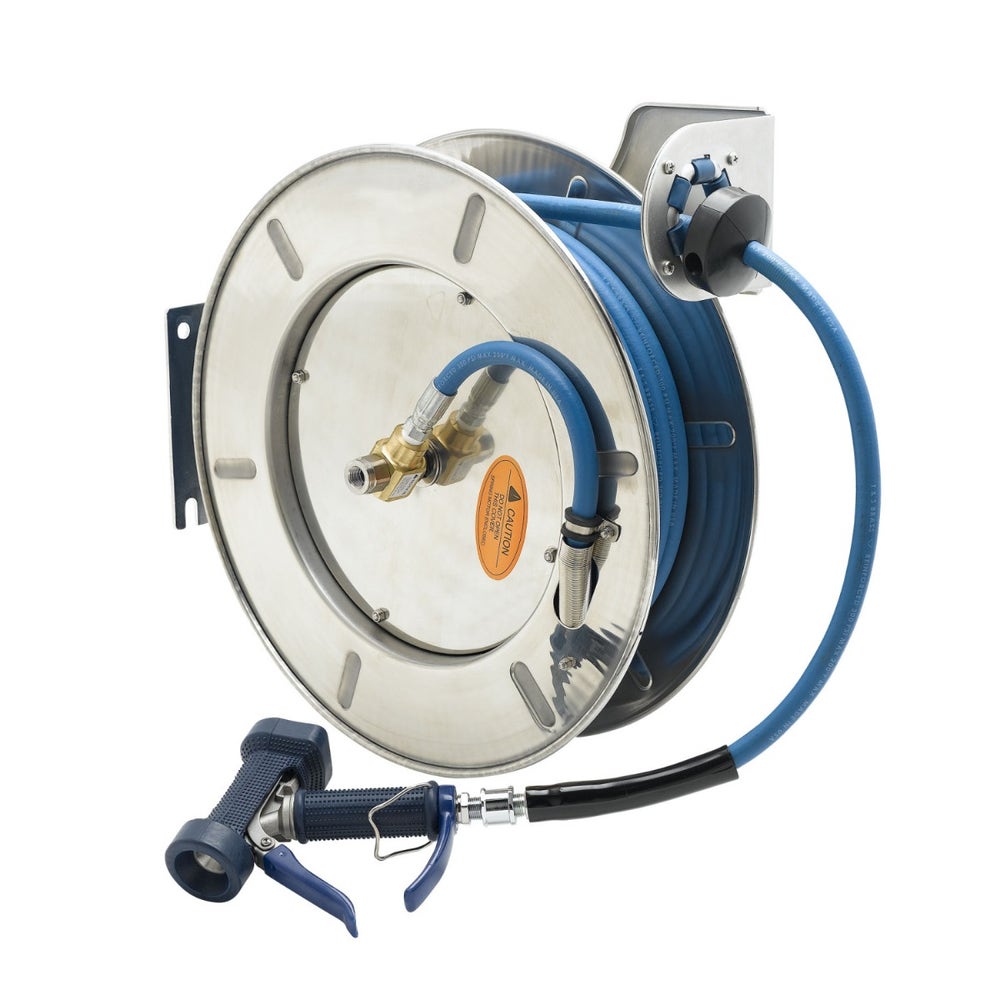 TandS B-7142-05 Open Stainless Steel Hose Reel with 50-Foot Hose and Front Trigger Water Gun