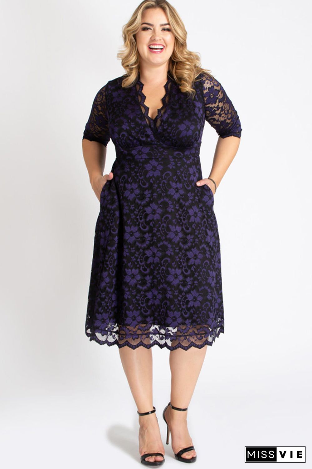 Blue Plus Size Half Sleeve Lined Lace Midi Dress