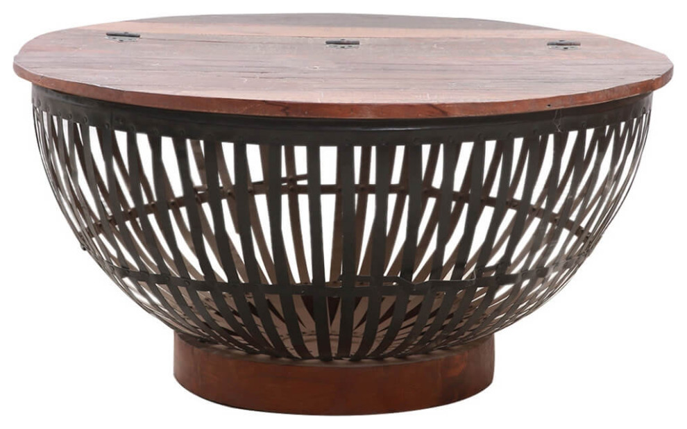 Barkerville Rustic Solid Wood and Iron Cage Drum Coffee Table   Industrial   Coffee Tables   by Sierra Living Concepts Inc  Houzz