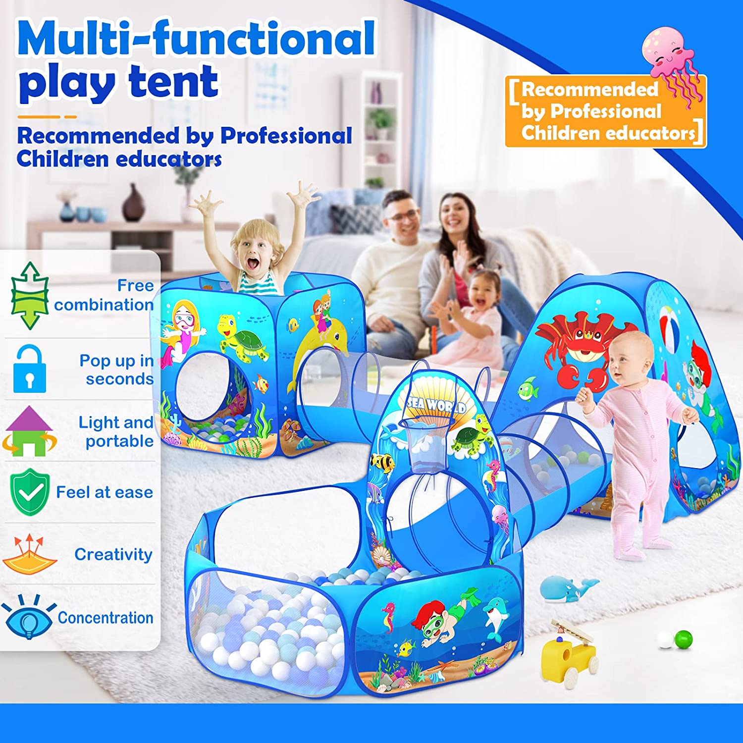 5 Piece Kids Play Tent and Play Tunnel for Toddler, Premium Ocean Kids Playhouse with 1 Baby Ball Pit, 2 Kids Play Tunnels, 2 Pop Up Tents, Kids Toys for Indoor and Outdoor Play