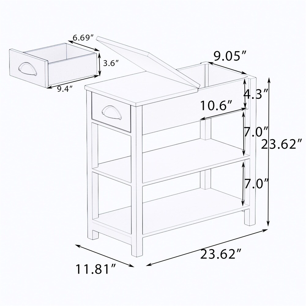 Narrow Flip Top Side Table with Drawer End Table with 2 Tiers Open Storage Shelves Sofa Table for Living Room Bedroom