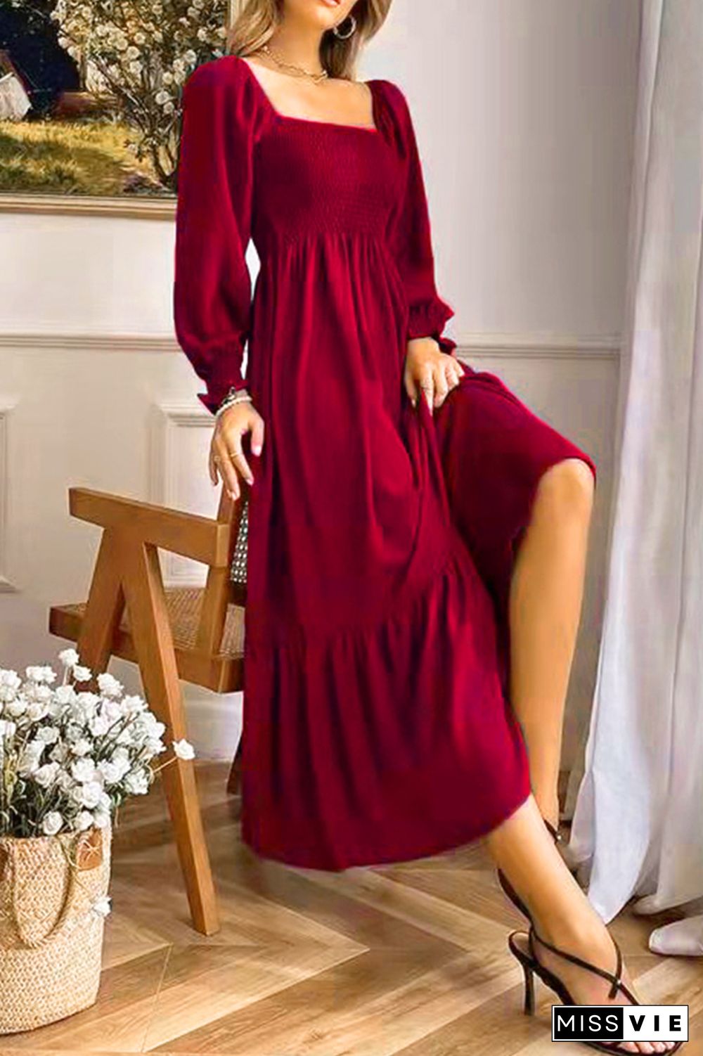 Square Neck Puff Sleeves Ruffle Long Dress