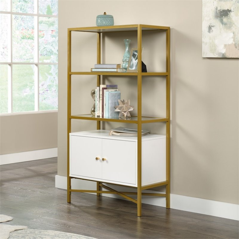 Sauder Harper Heights 3 Glass Shelf Bookcase in White and Gold   Contemporary   Bookcases   by Homesquare  Houzz