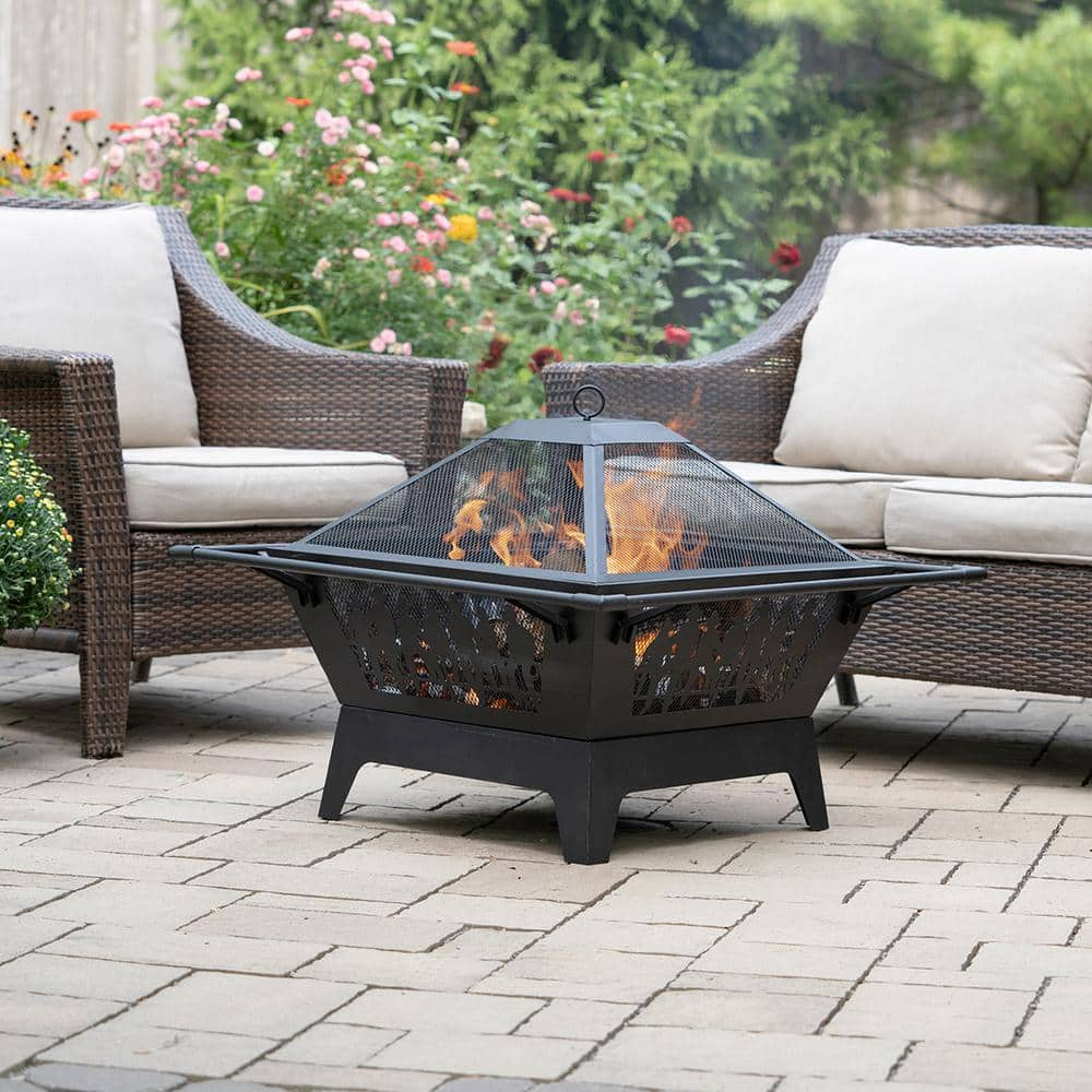 BLUE SKY OUTDOOR LIVING 31.5 in. Square Steel Wood Fire Pit with Screen And Screen Lift - Decorative Cowboy Design WBFP31SQ-GF