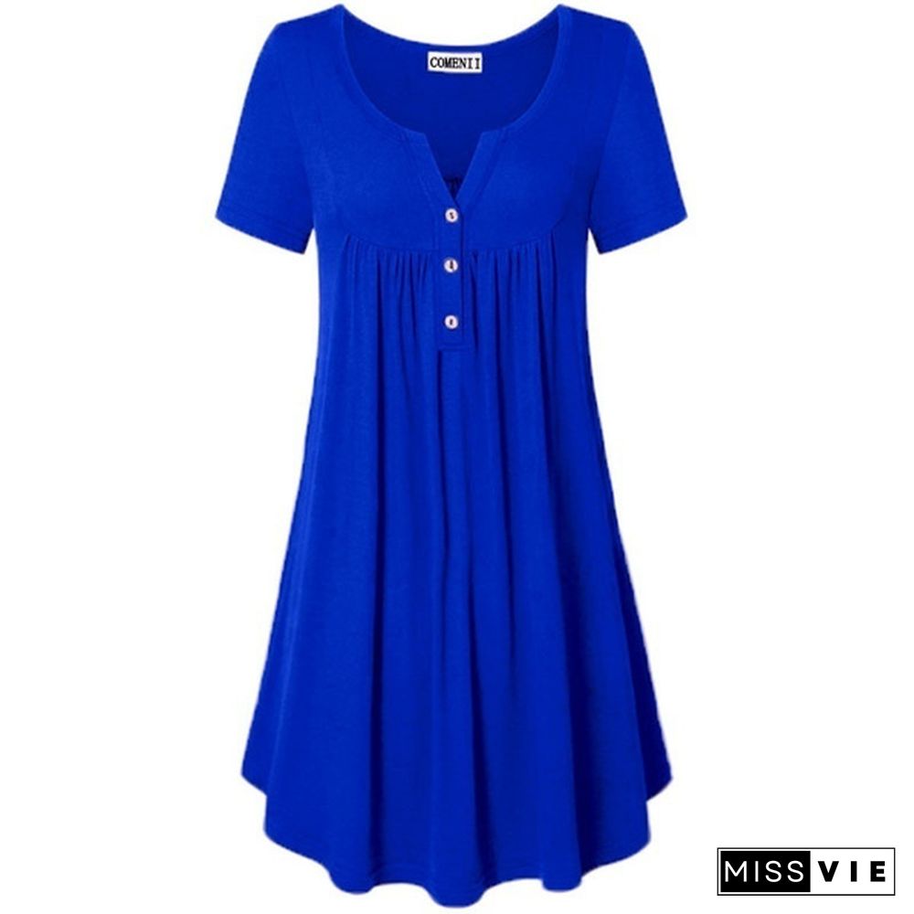 XS-8XL Plus Size Summer Women's Fashion Short Sleeve Cotton Tunic Dresses Casual Deep V-neck Mini Party Dress Pleated Solid Color Ruffles Pockets Beach Dress