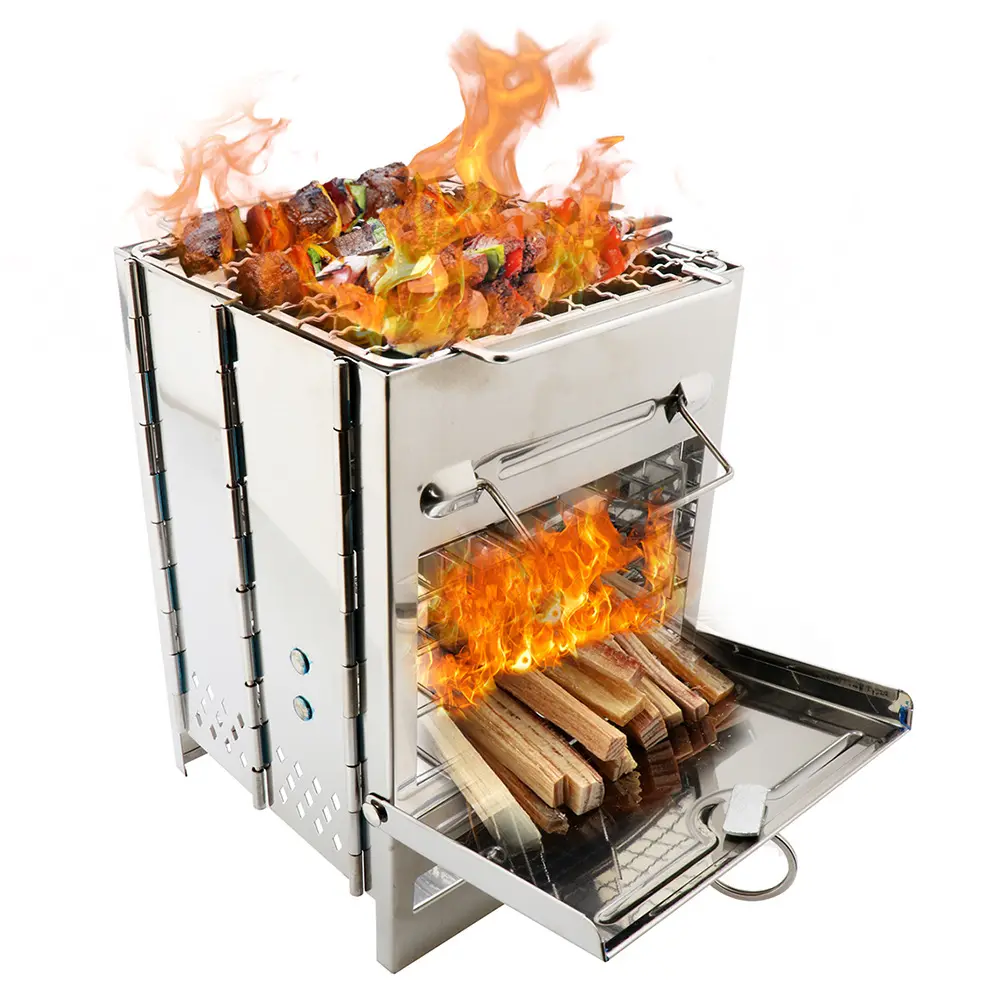 Hot Selling Portable Rectangle Outdoor Picnic Barbecue Camping Grill Multifunctional Folding Stainless Steel Wood Burning Stove