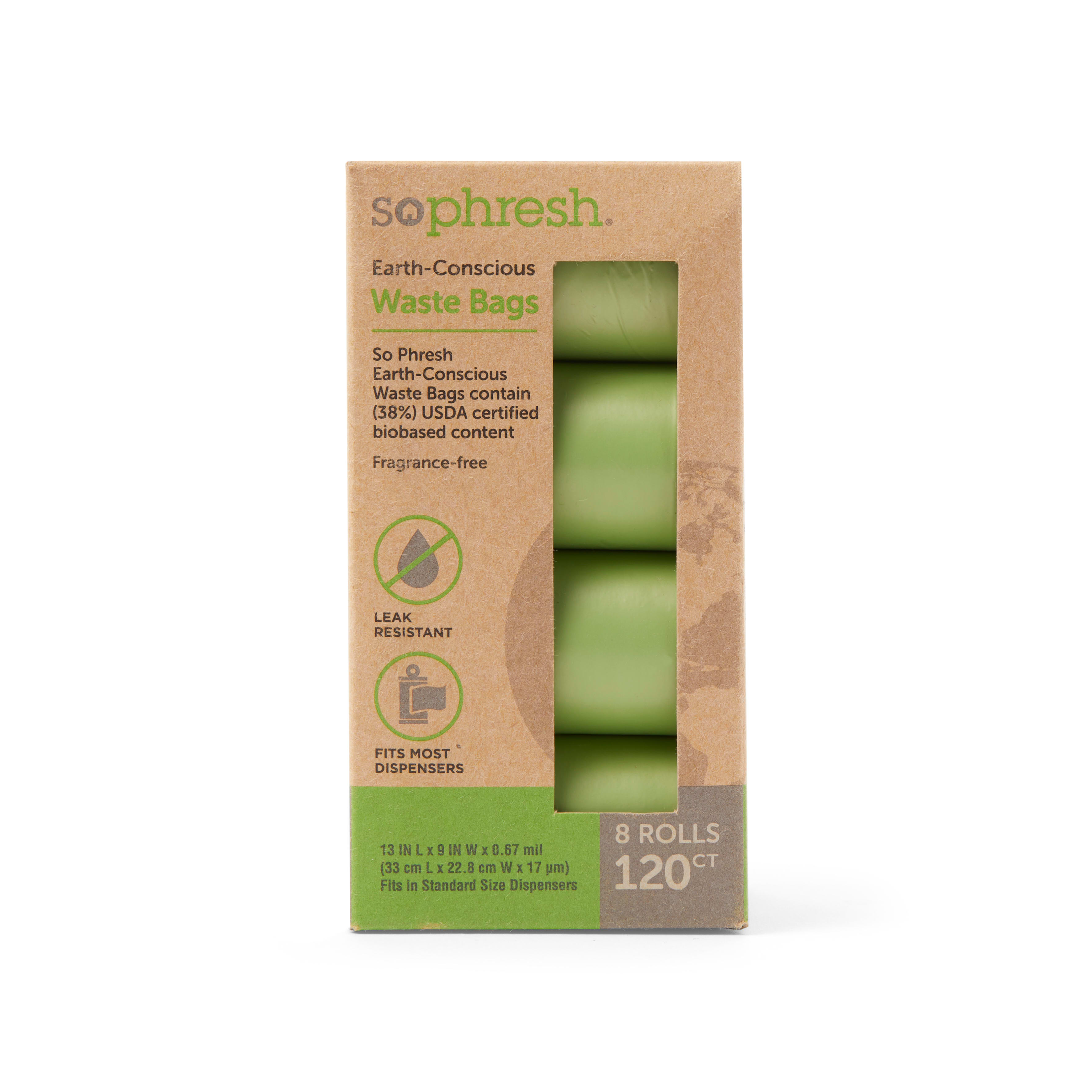 So Phresh Solid Green Earth-Conscious 38% USDA Certified Biobased Content Dog Waste Bags， Count of 120