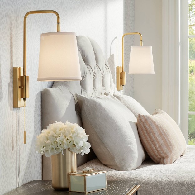 360 Lighting Luca Swing Arm Wall Lamps Set Of 2 Warm Brass Metal Plug in Light Fixture White Fabric Shade For Bedroom Bedside Living Room Reading Home