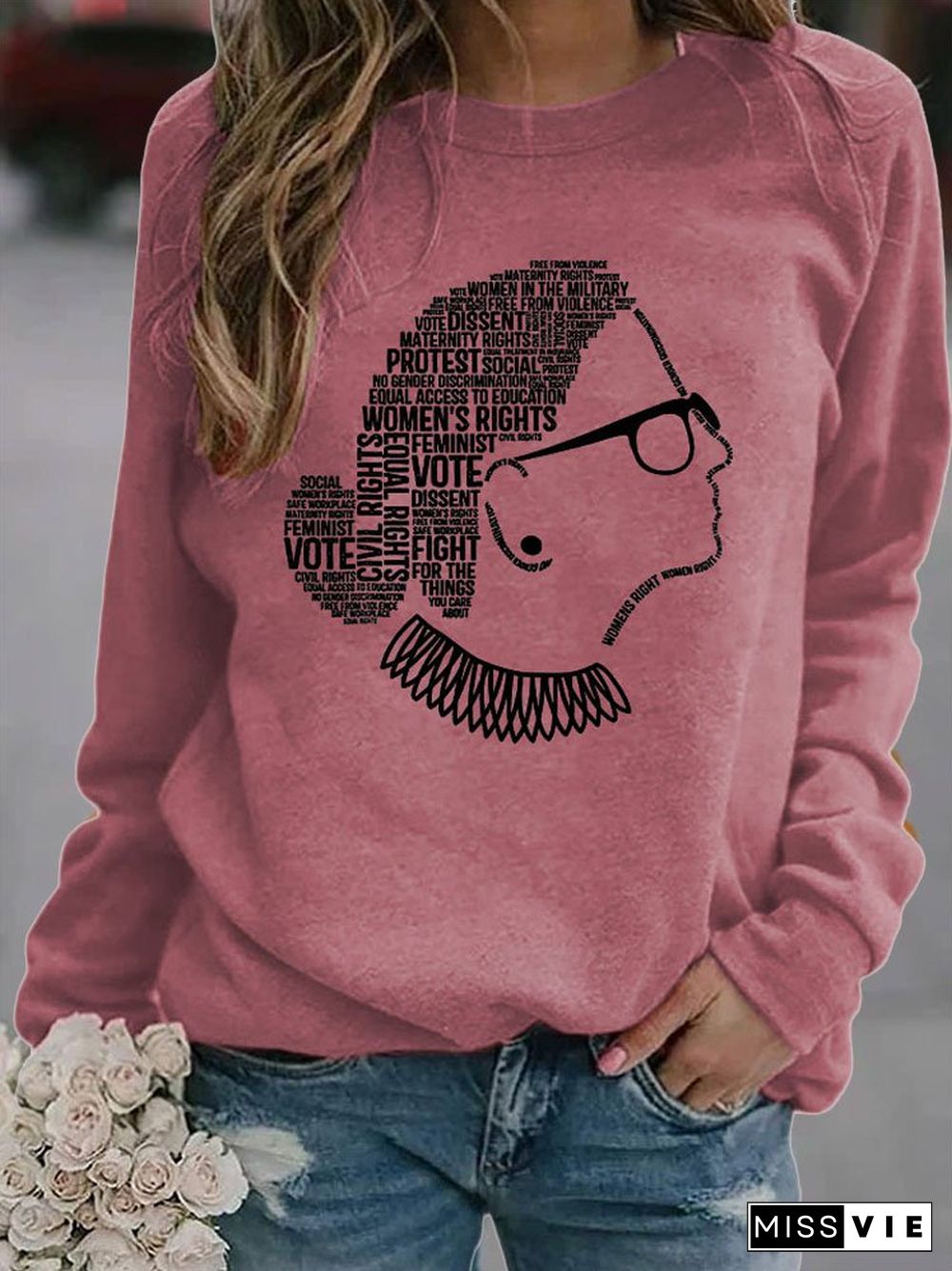 RBG Monogram Print Round Neck Long Sleeve Knitted Shift Sweatshirts