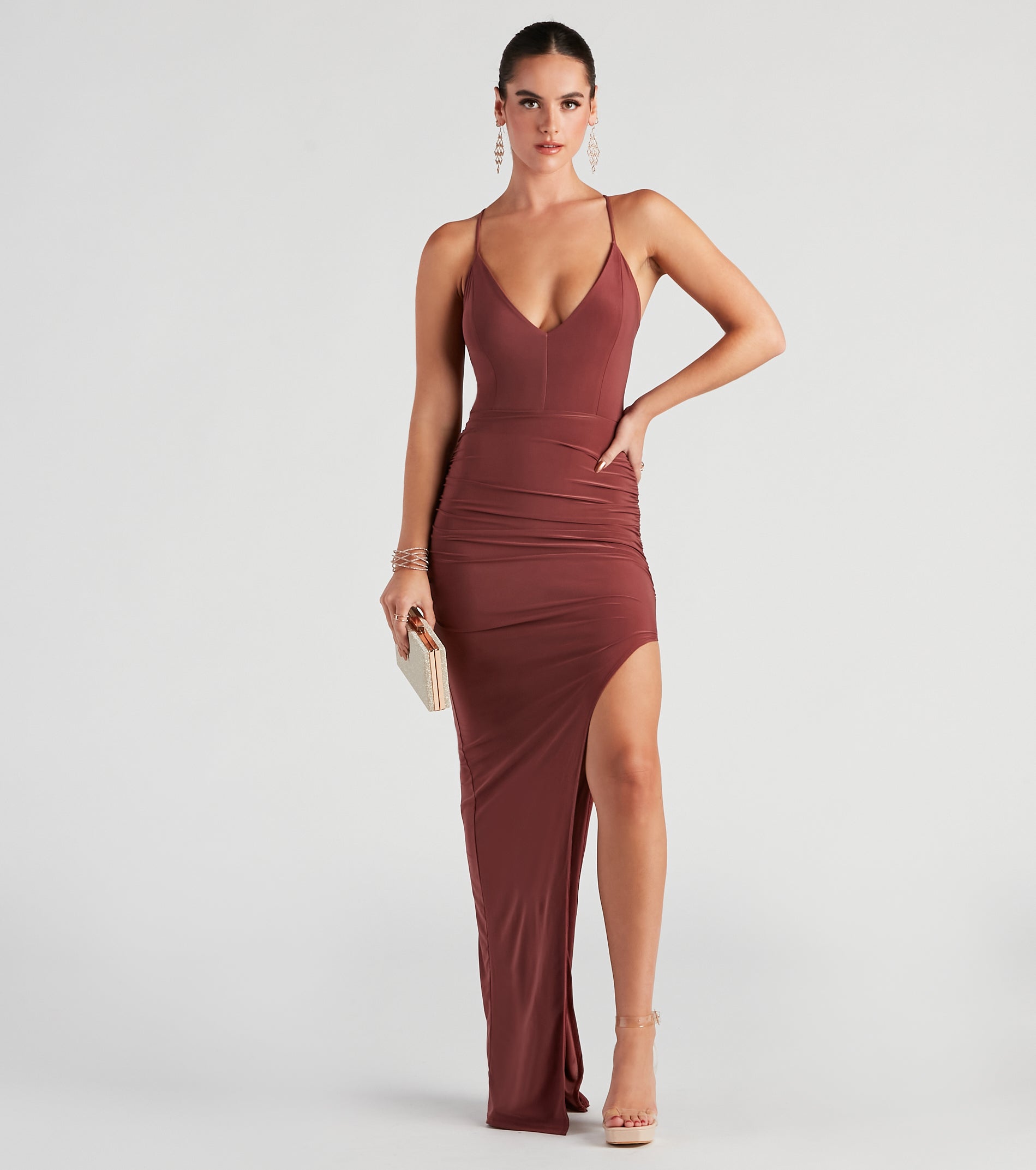 Heather Ruched High-Slit Formal Dress