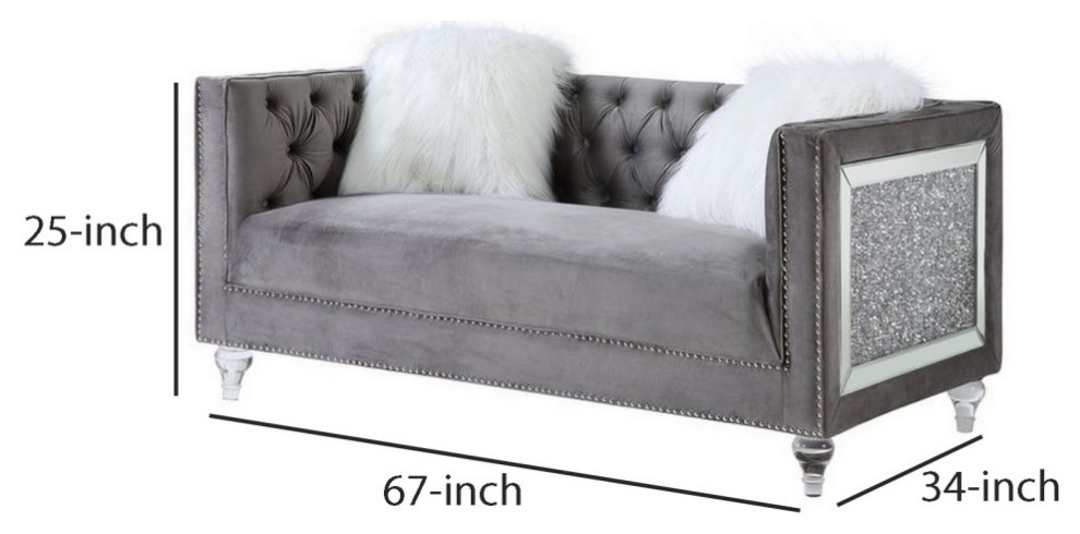 Loveseat With Track Arms And Encrusted Faux Diamond Inlay  Gray   Traditional   Loveseats   by VirVentures  Houzz