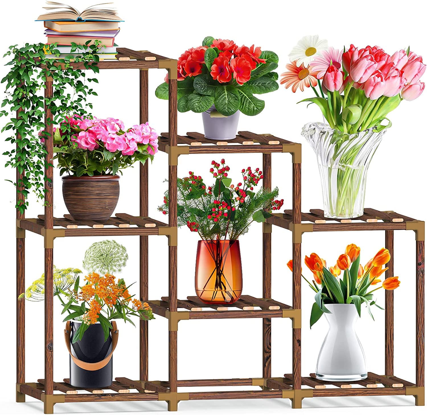 PHANCIR Plant Stand Indoor Outdoor, 7 Pots wood plant flower Shelf Tall Plant Stands for Multiple Plants Large Plant Rack Holder Garden Shelves with accessories for Garden Balcony Patio Living Room